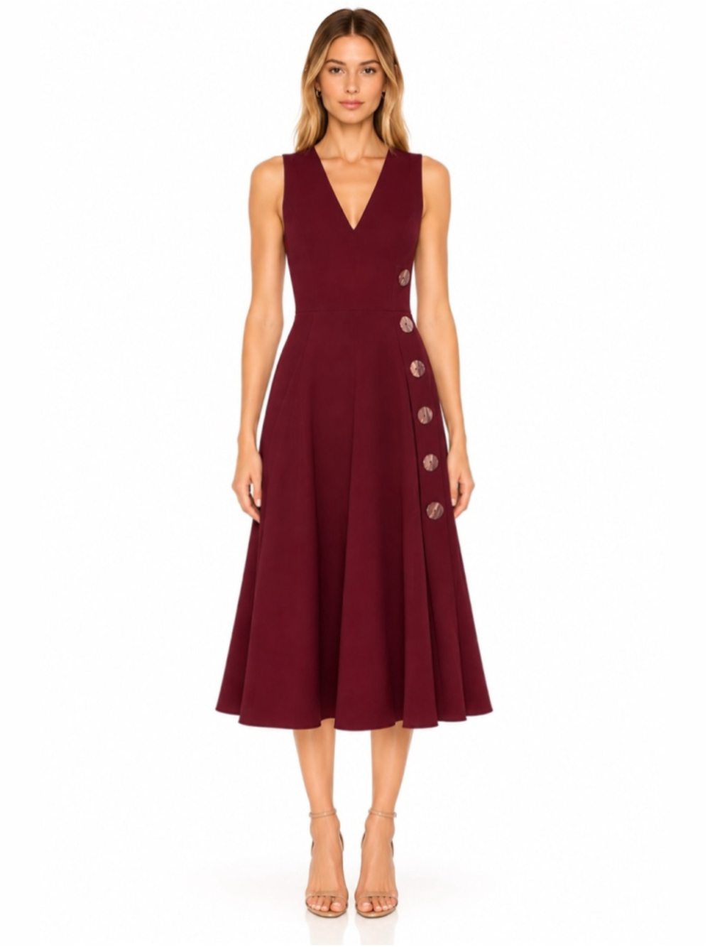Roksanda silk crepe Burgundy Midi Dress V-Neck A-Line Statement Button Designer